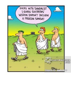 'Socks with sandals? I guess Socrates' wisdom doesn't include a fashion sense.'