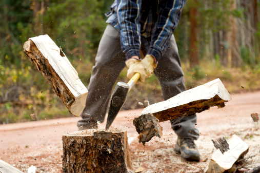 Man splitting log in half for fire wood with ax